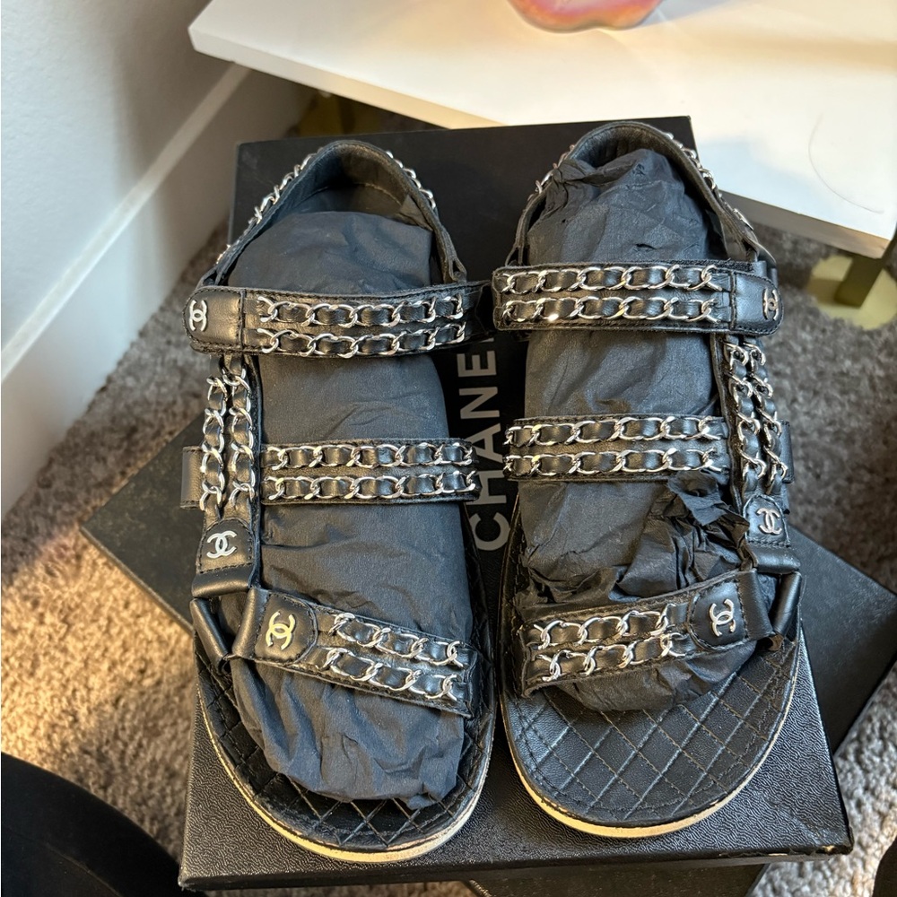 Chanel Black Sandals with Chain Detail